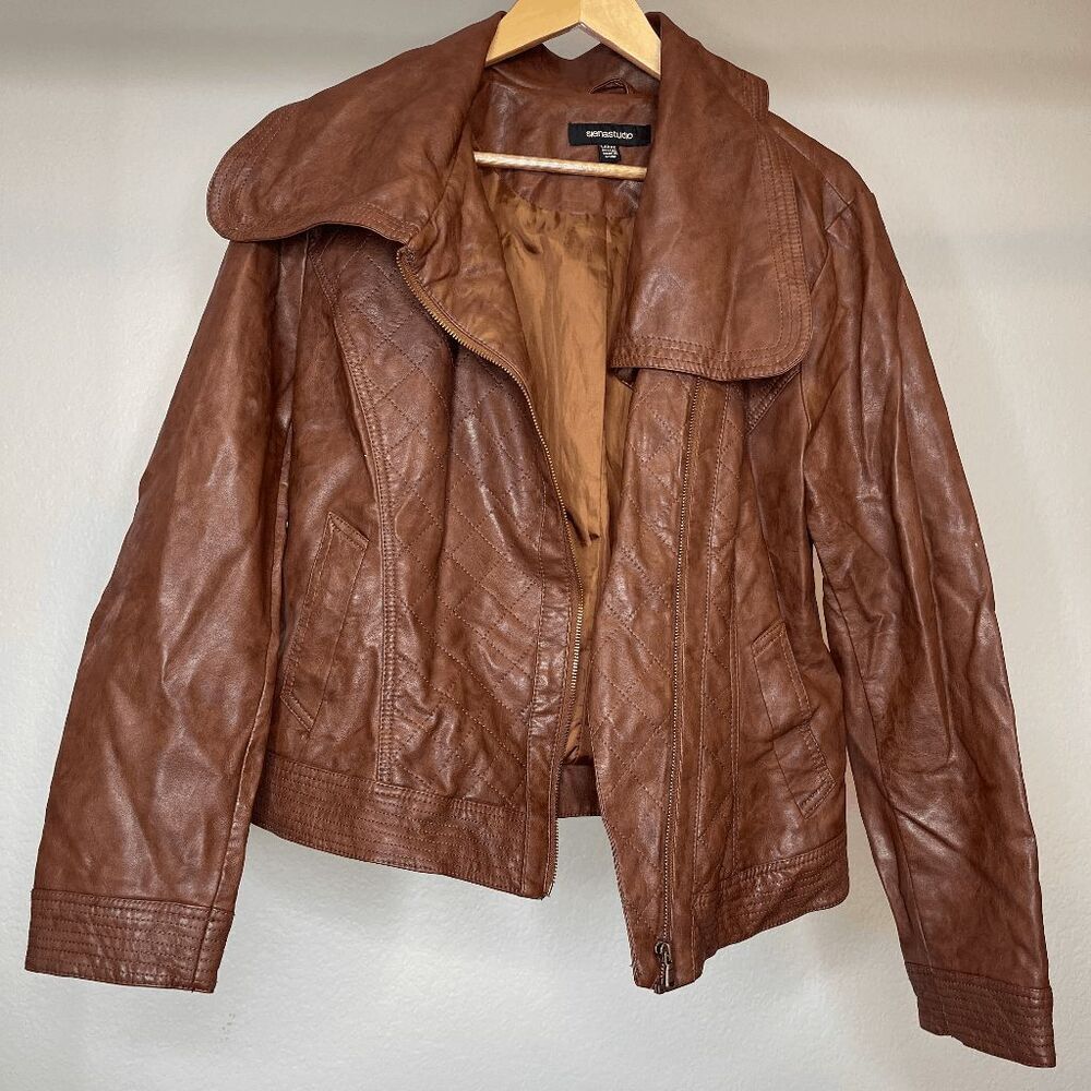 Siena Studio Faux‎ Leather Motorcycle Aviator Bomber Jacket Brown Large